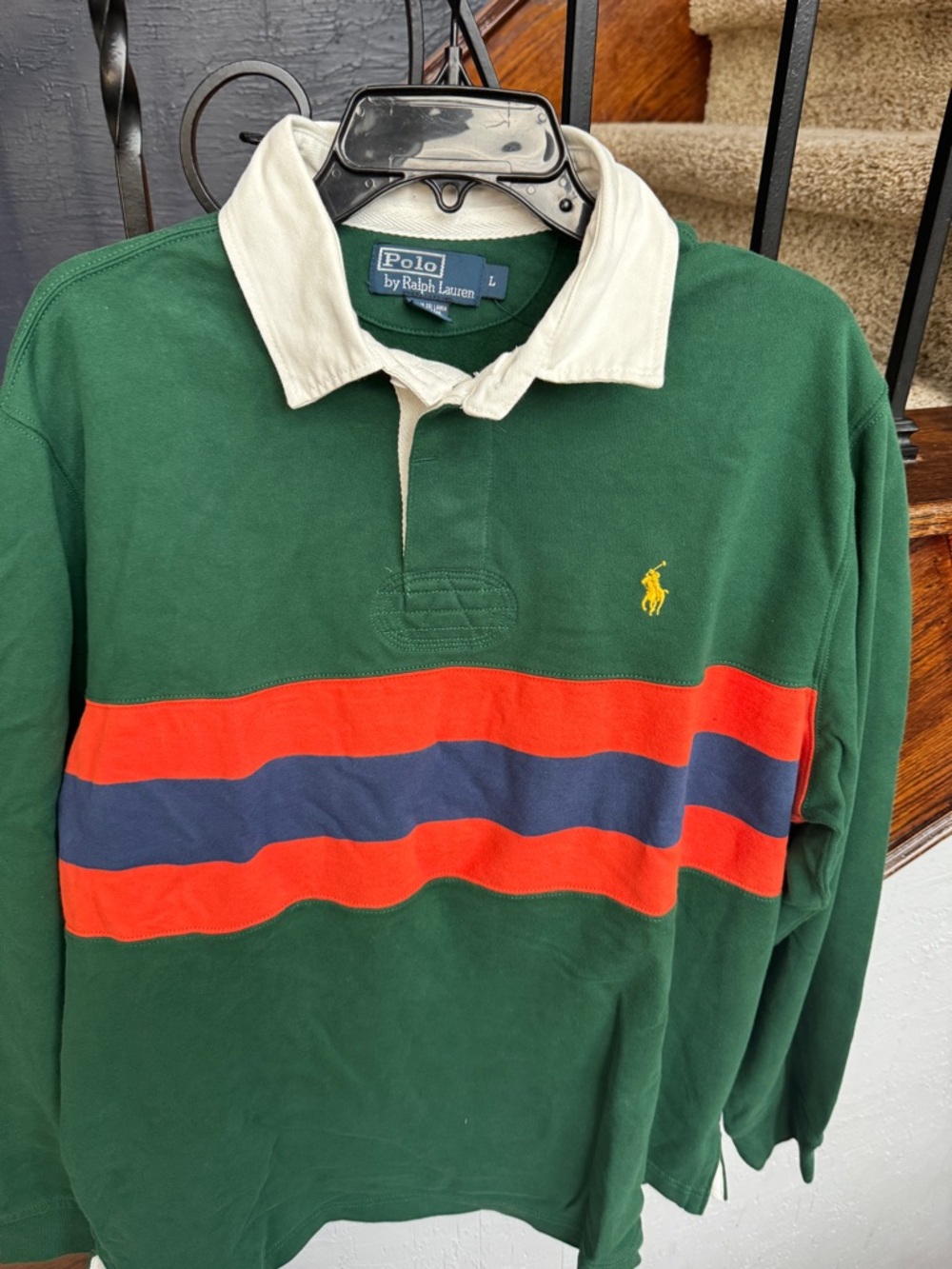 NEW Large Polo by Ralph Lauren Green Rugby with Red & Navy Stripes shirt - Picture 3 of 11